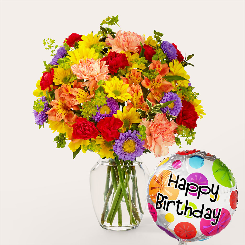 Kaleidoscope Bouquet with Birthday Balloon – Executive Flowers, El Paso TX