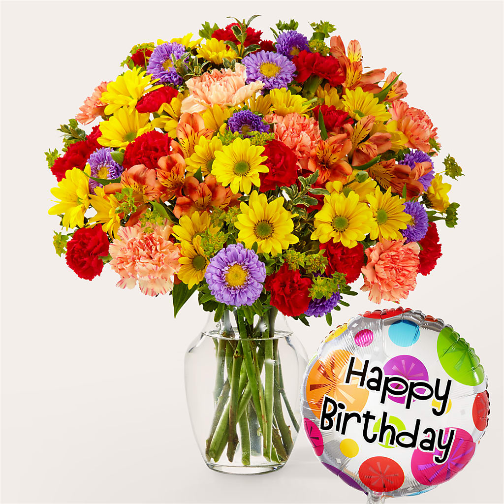 Kaleidoscope Bouquet with Birthday Balloon – Executive Flowers, El Paso TX
