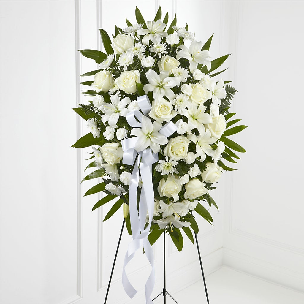 Exquisite Tribute Standing Spray-White Ribbon – Executive Flowers, El Paso TX