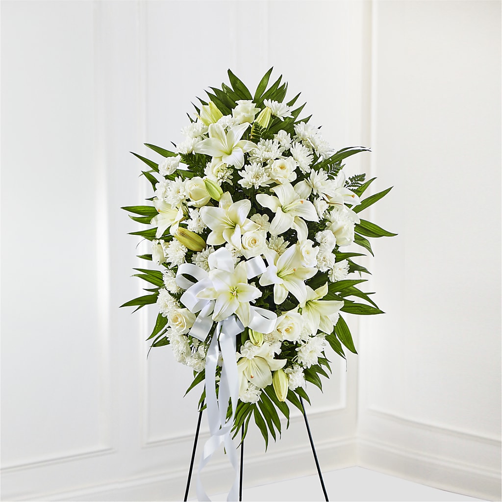 Exquisite Tribute Standing Spray-White Ribbon – Executive Flowers, El Paso TX